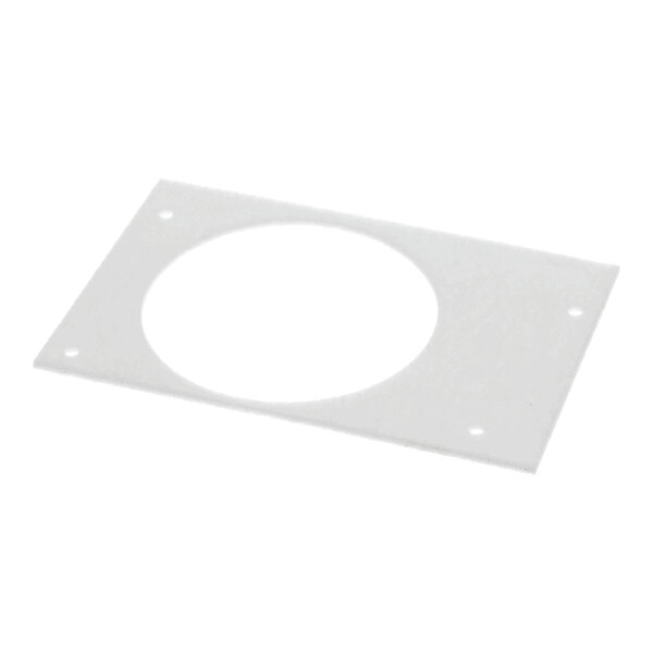A rectangular white gasket with a large central circular cutout and four smaller holes near the corners.