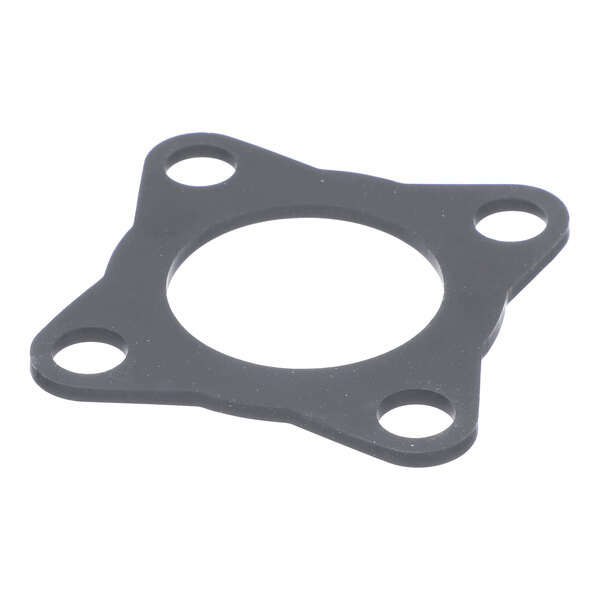 A flat, black, square-shaped gasket with a large central hole and four smaller holes near each corner.