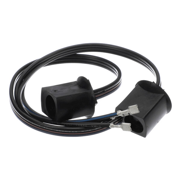 A black wiring harness with two connectors and attached wires, coiled in a loop.