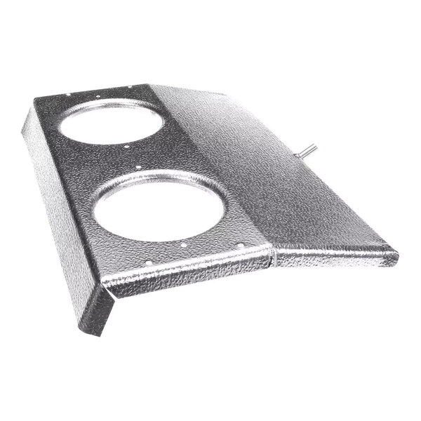 A textured metallic panel with two large circular cutouts and a small protruding rod on one side.