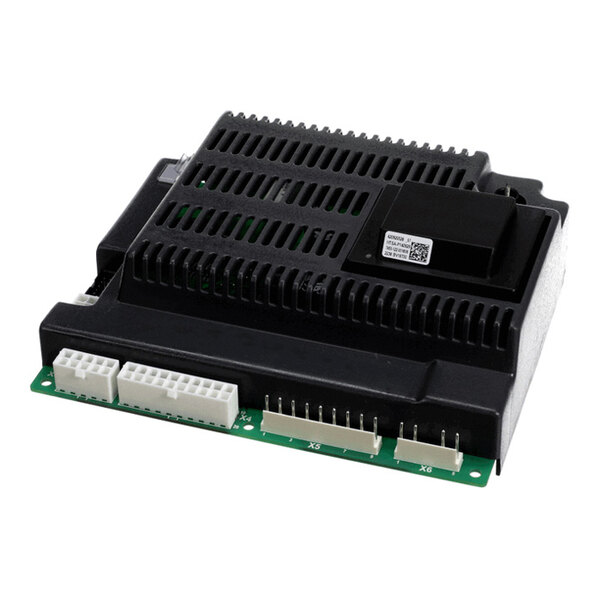 A black electronic control board with multiple white and beige connectors and a vented plastic cover.