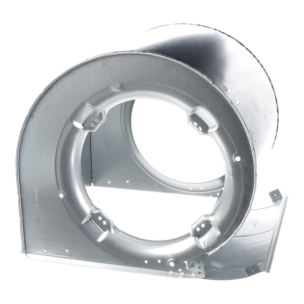 A metallic, cylindrical blower housing with a circular opening and mounting brackets visible.