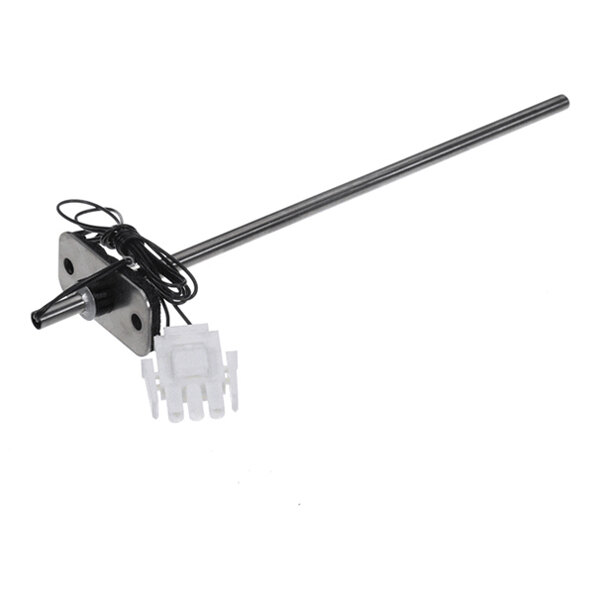 A long metallic rod with a mounting bracket, attached wires, and a white plastic connector at one end.