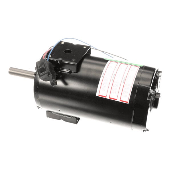 A cylindrical black electric motor with a protruding shaft, attached wires, and a label with red-bordered sections.