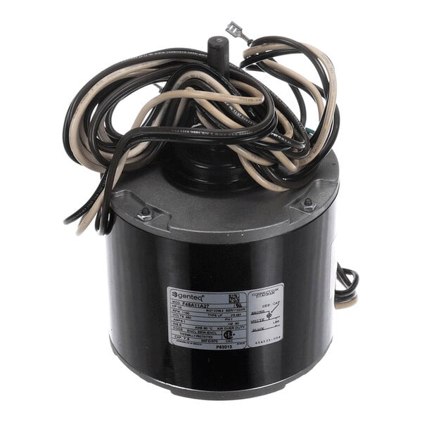 A cylindrical black electric motor with attached wires and a label on the side.