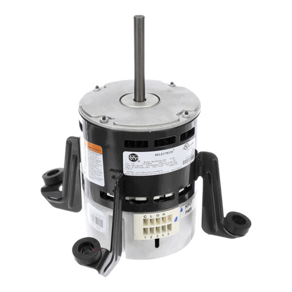 A cylindrical electric motor with a central shaft, mounting brackets, and visible wiring terminals.