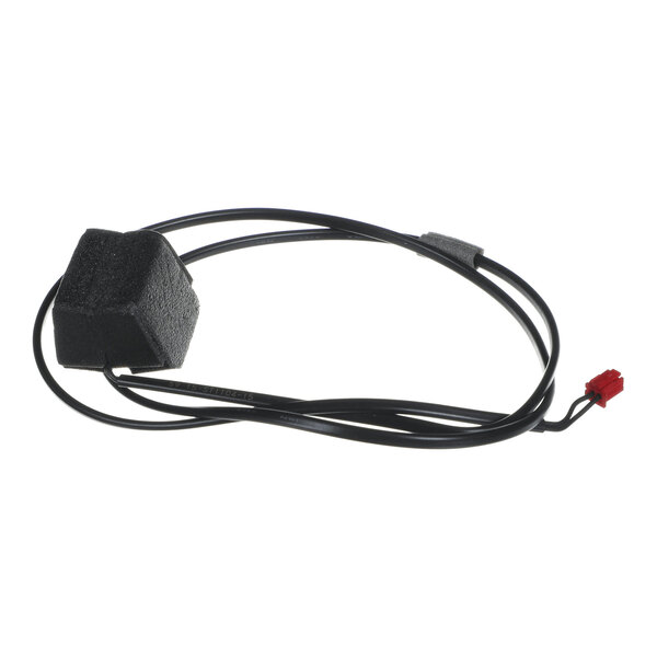 A black cable with a foam-covered sensor on one end and a small red connector on the other end.