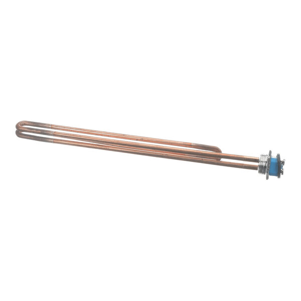 A metal heating element with a coiled design and a threaded base with a blue insulator.