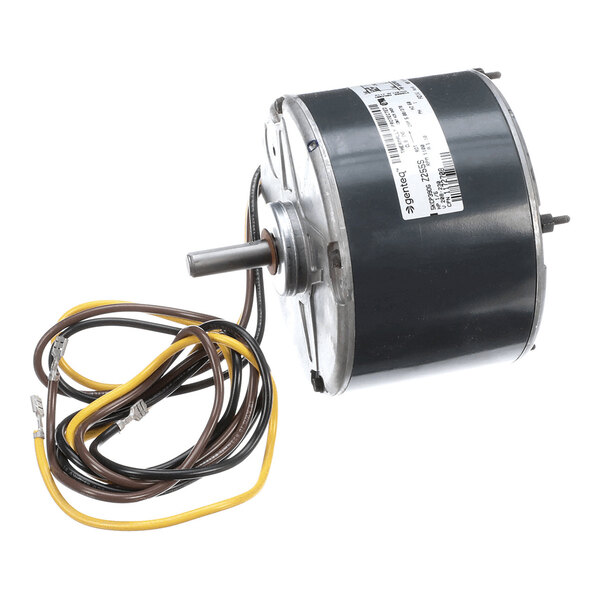 A cylindrical electric motor with a protruding shaft and attached wires, shown on a white background.