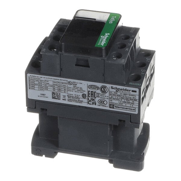 A black and gray electrical contactor with multiple connection points and a label displaying technical specifications and certifications.