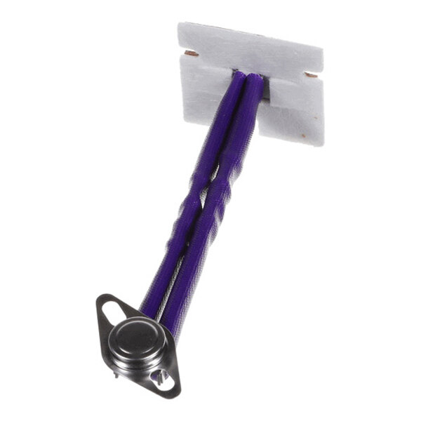 A small metal component with two purple wires attached, connected to a white rectangular mounting piece.