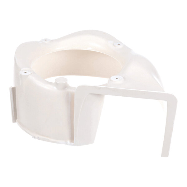 A white, molded plastic housing component with a circular opening and an attached bracket, likely designed for mounting or supporting another part.