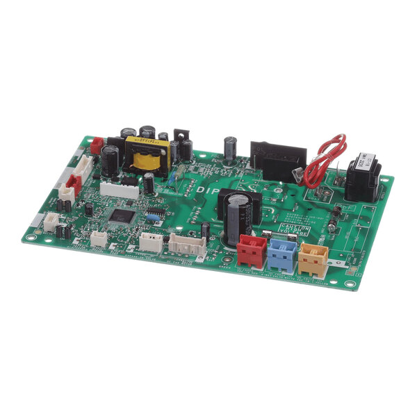 A green printed circuit board with various electronic components, connectors, and capacitors mounted on it.