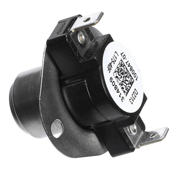 A black cylindrical electronic component with a metal mounting bracket and three metal terminals, featuring a white label with a QR code and printed text.