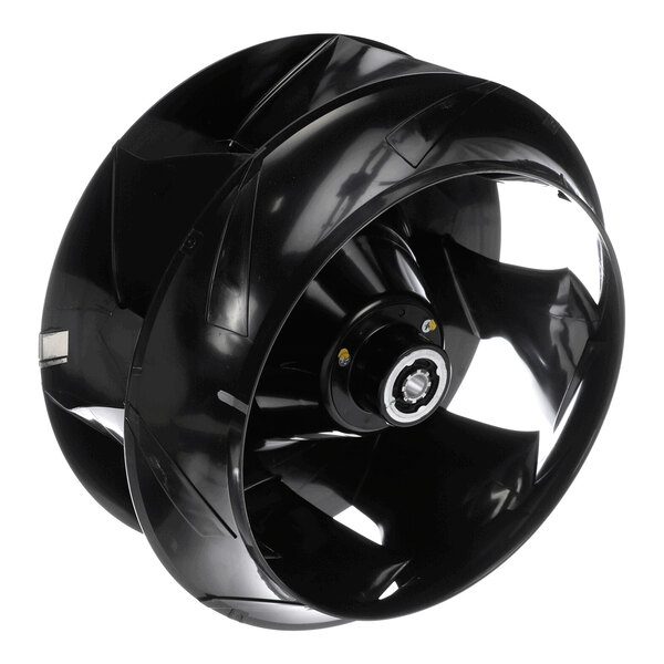 A black, circular fan wheel with multiple blades and a central hub, shown against a white background.