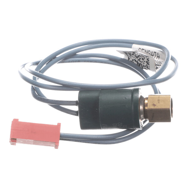 A coiled blue wire with a brass fitting on one end and a red plastic connector on the other.