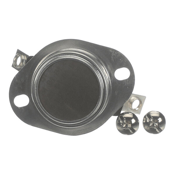 A round metallic component with two mounting holes and two screws, likely an electrical or mechanical part.