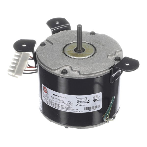 A cylindrical electric motor with a central shaft, mounting brackets, and a wiring connector visible on the side.