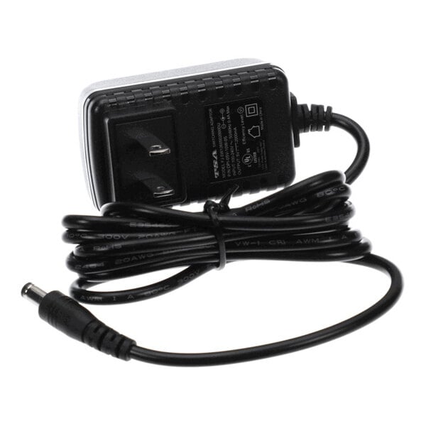 A black power adapter with a two-prong plug and a long attached cable ending in a barrel connector.