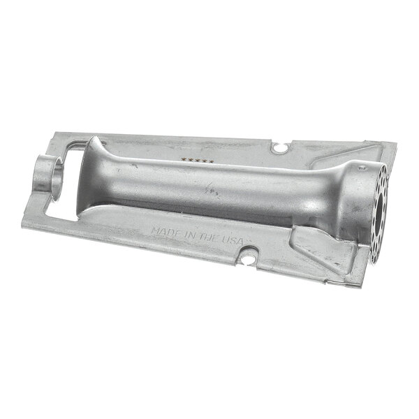 A single metal gas burner tube with a rectangular mounting plate and circular perforated end.