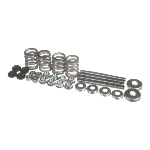 A set of metal springs, bolts, washers, nuts, and rubber caps arranged in rows on a white background.