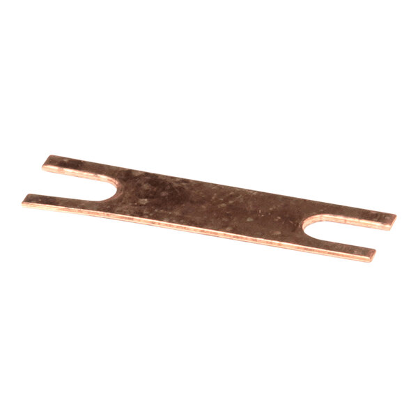 A flat, rectangular copper-colored metal piece with U-shaped notches at both ends.