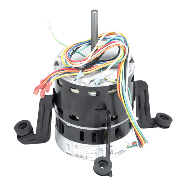 A cylindrical electric motor with a central shaft, multiple colored wires, and black mounting brackets.