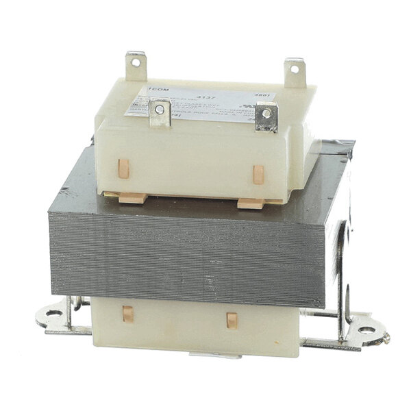 A rectangular electrical transformer with metal mounting brackets and multiple terminal connectors on top.