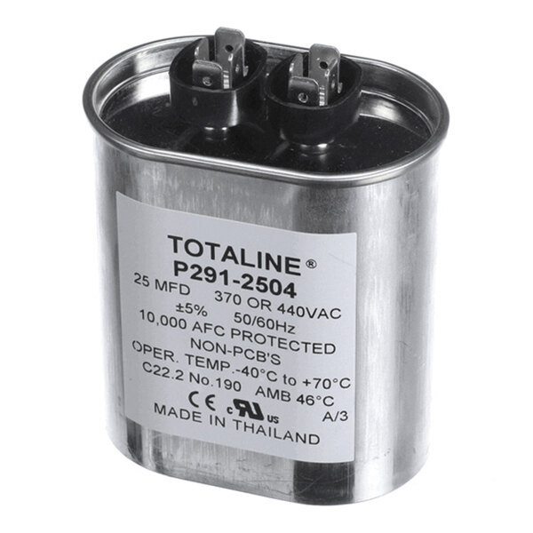 A metallic cylindrical capacitor with two electrical terminals on top and a label displaying technical specifications and certifications.
