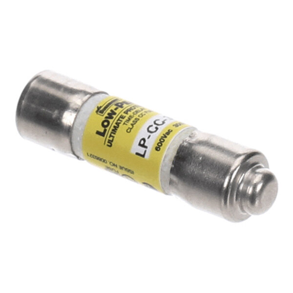A cylindrical metal fuse with a yellow label and metallic end caps.
