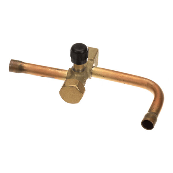 A brass and copper valve assembly with a black plastic knob and two open pipe ends, one of which is bent at a right angle.