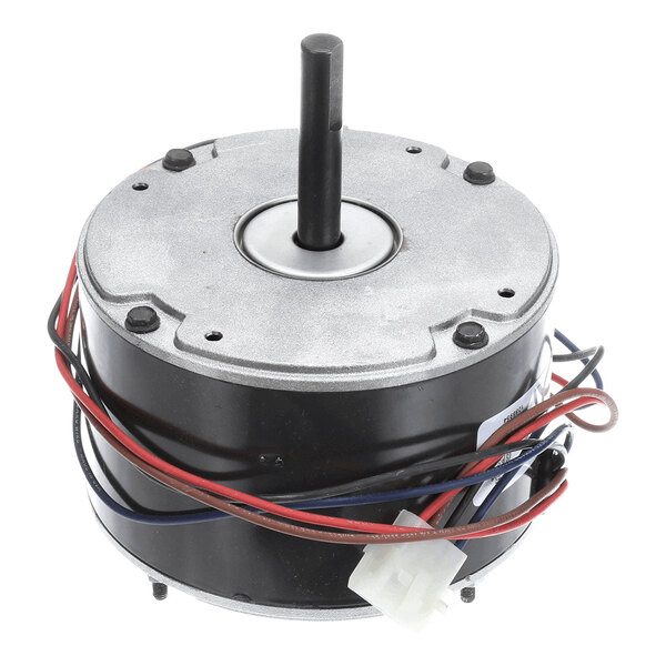 A cylindrical electric motor with a central shaft, multiple colored wires, and a white connector.