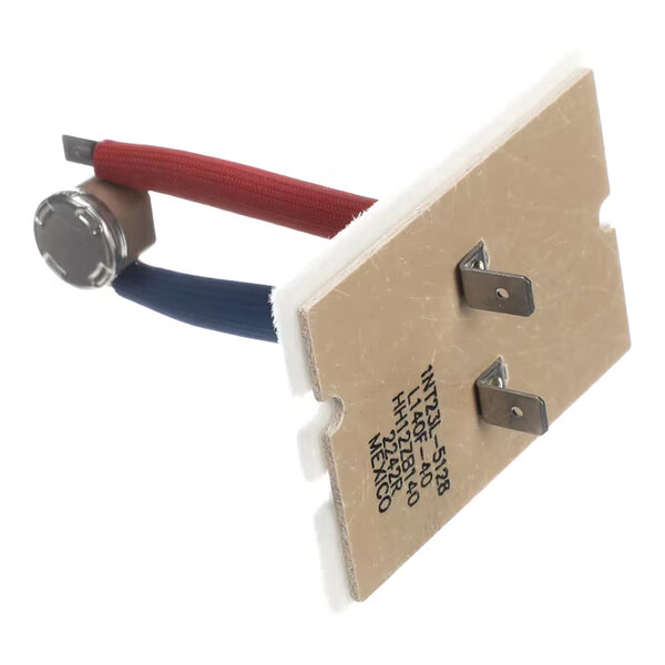 A rectangular component with two metal prongs, a beige board with printed text, and two attached wires—one red and one blue—connected to a small metallic cylindrical part.