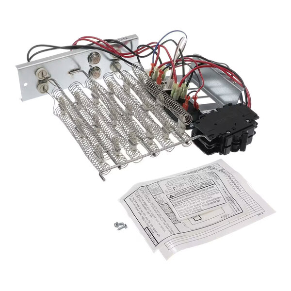 A metal assembly with coiled heating elements, attached wires, a black component, a screw, and an instruction sheet.