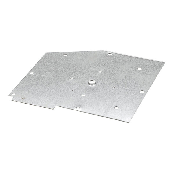 A flat, irregularly shaped metallic plate with multiple holes and a small raised bump in the center.