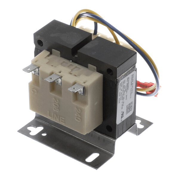 A metal and plastic electrical transformer with multiple wire connections and labeled terminals, mounted on a flat base.