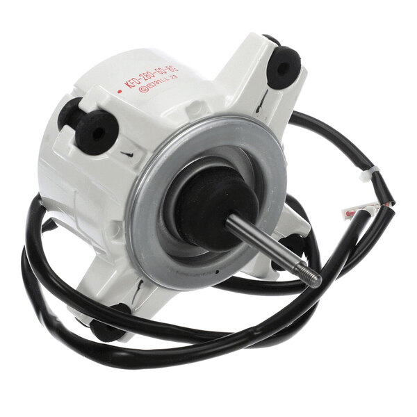 A white cylindrical electric motor with a central metal shaft, three mounting arms, and attached black wires.