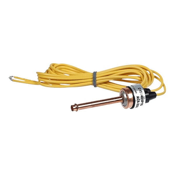 A cylindrical metal sensor or switch with a yellow wire attached, coiled and secured with a gray tie.