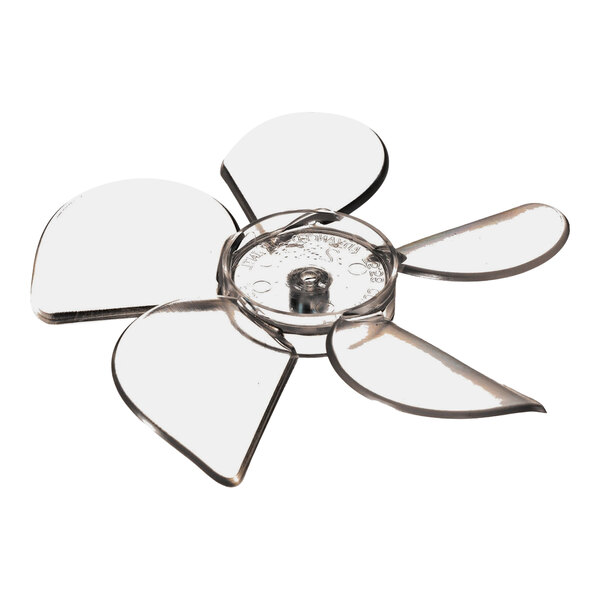 A four-blade metal fan propeller with a central mounting hub, viewed from an angle.