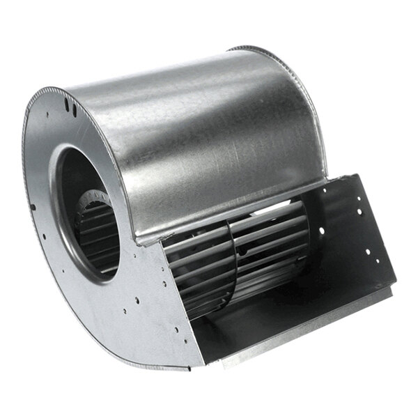 A metal blower housing with an integrated cylindrical fan wheel visible inside.