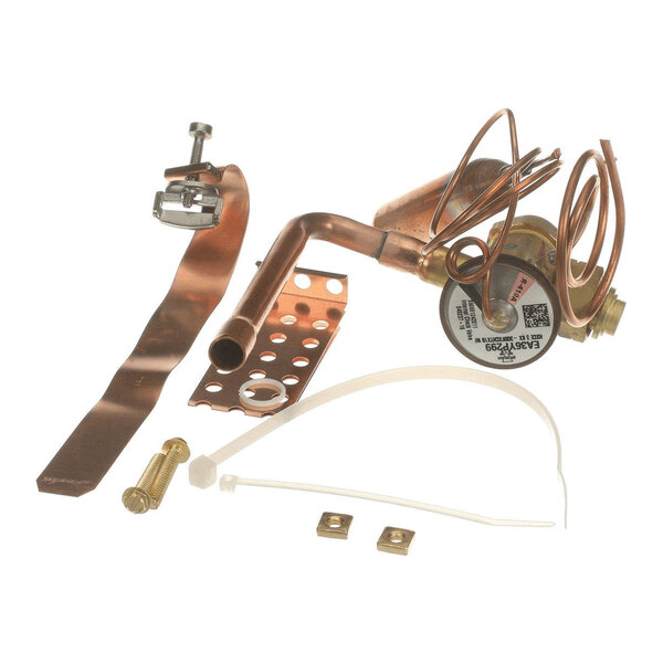 A collection of copper and metal components, including a coiled tube, bracket, and various mounting hardware, laid out on a white background.
