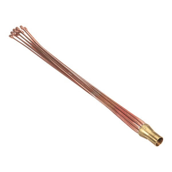 A bundle of thin copper tubes attached to a brass fitting, fanned out at one end.