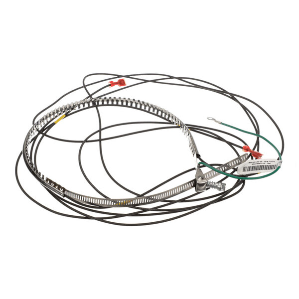 A coiled metal band with attached black electrical wires and connectors.