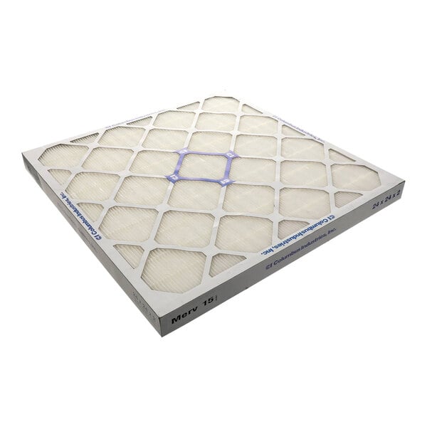 A square, pleated air filter with a white frame and a grid pattern on the surface.