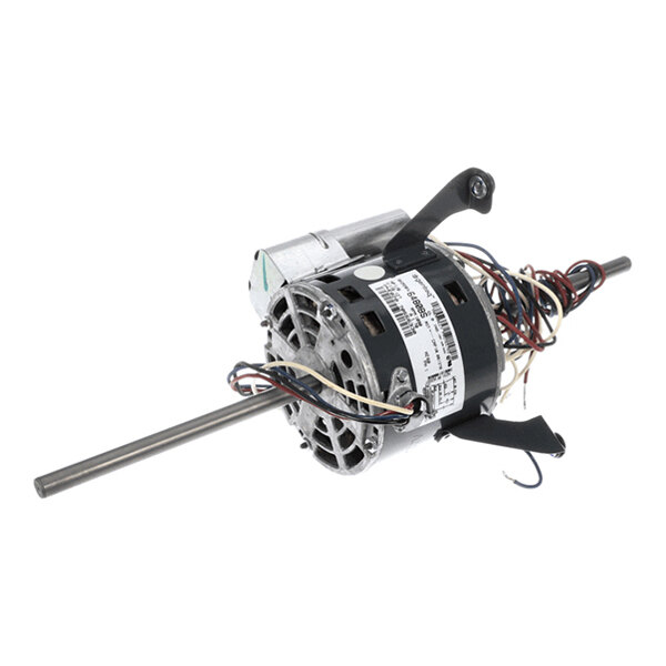 A cylindrical electric motor with a long metal shaft, attached mounting brackets, and several exposed wires.
