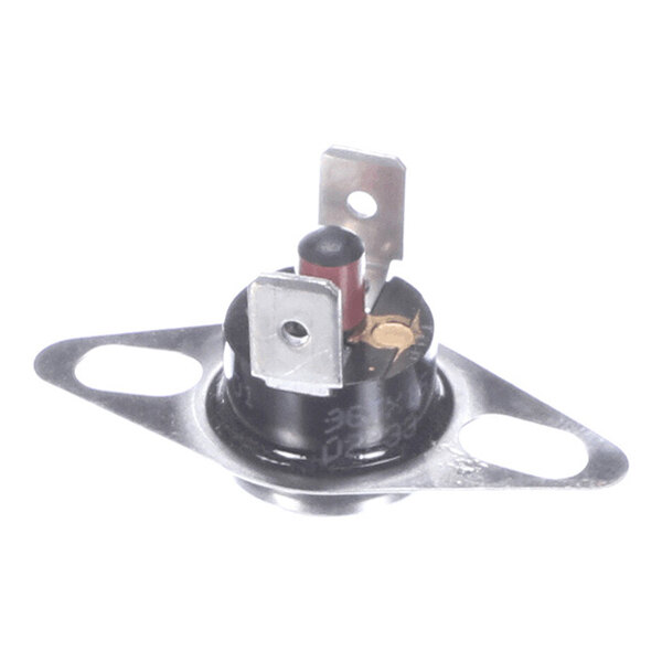 A small electronic component with two metal terminals and a mounting bracket, likely a thermal switch or sensor.