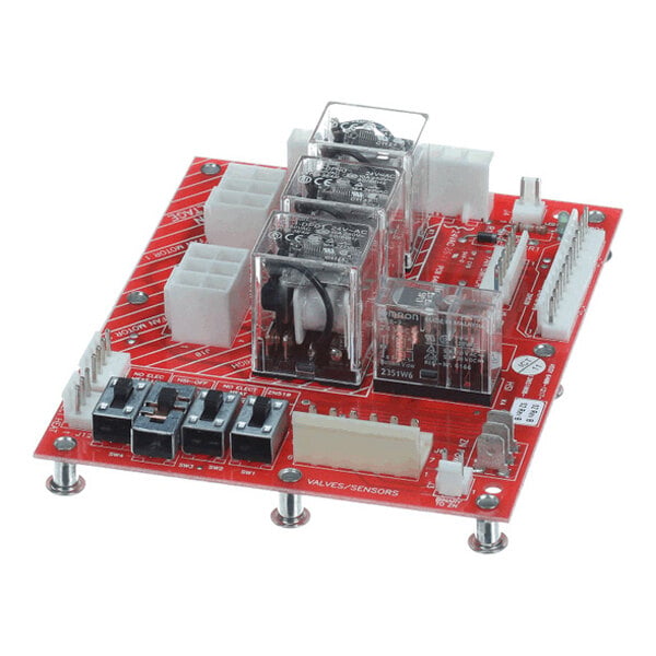 A red electronic circuit board featuring multiple relays, connectors, and terminal blocks mounted on standoffs.