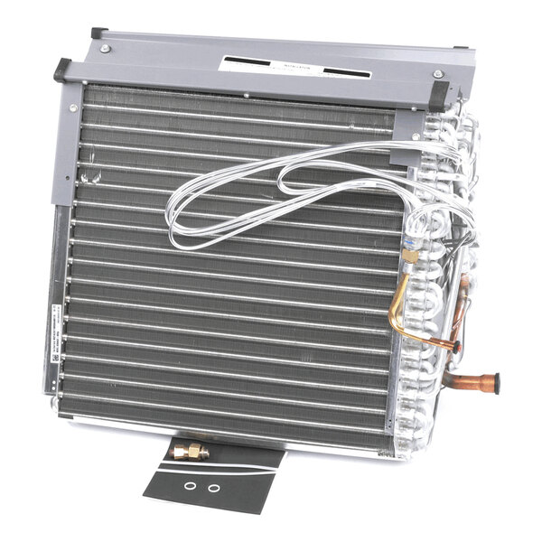 A metal coil assembly with horizontal fins, copper tubing, and attached metal brackets, likely part of an HVAC system.