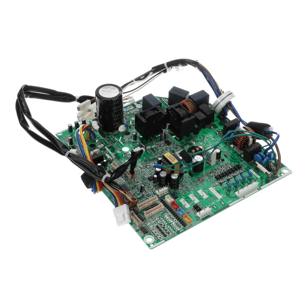 A green printed circuit board with various electronic components, connectors, and attached wires.