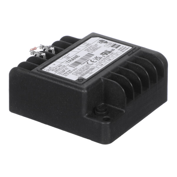 A black rectangular electronic device with a finned design, labeled on top with technical specifications and terminal connectors visible on one side.